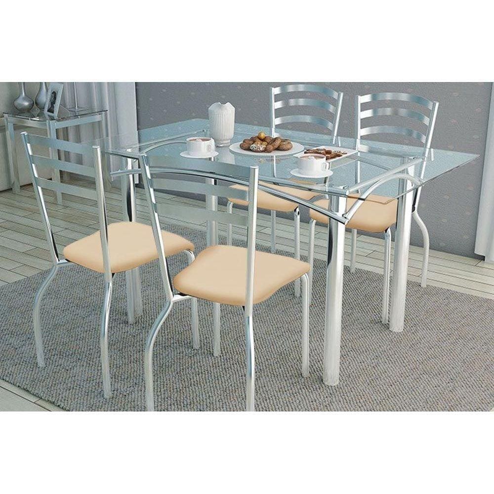 Kit Mesa Elba C- Tampo de Vidro 120cm + 4 Cadeiras Portugal Cromada Nude