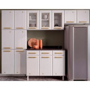 Kit De Cozinha Completa 4 Peças Diamante 3 Portas Vidro (2 Armários 1 Balcão 1 Paneleiro) Branco