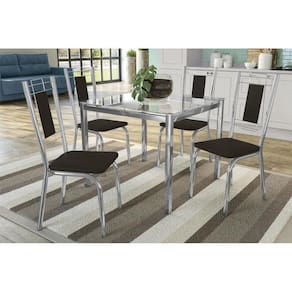 Kit Mesa Reno C- Tampo Vidro 90cm + 4 Cadeiras Florença Cromado Courano Preto