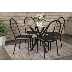 Kit Mesa Volga C- Tampo Vidro 95cm + 4 Cadeiras Noruega Preto Fosco Courano Preto