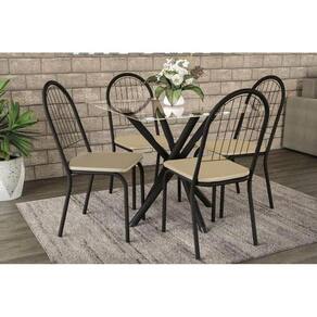 Kit Mesa Volga C- Tampo Vidro 95cm + 4 Cadeiras Noruega Preto Fosco Courano Nude