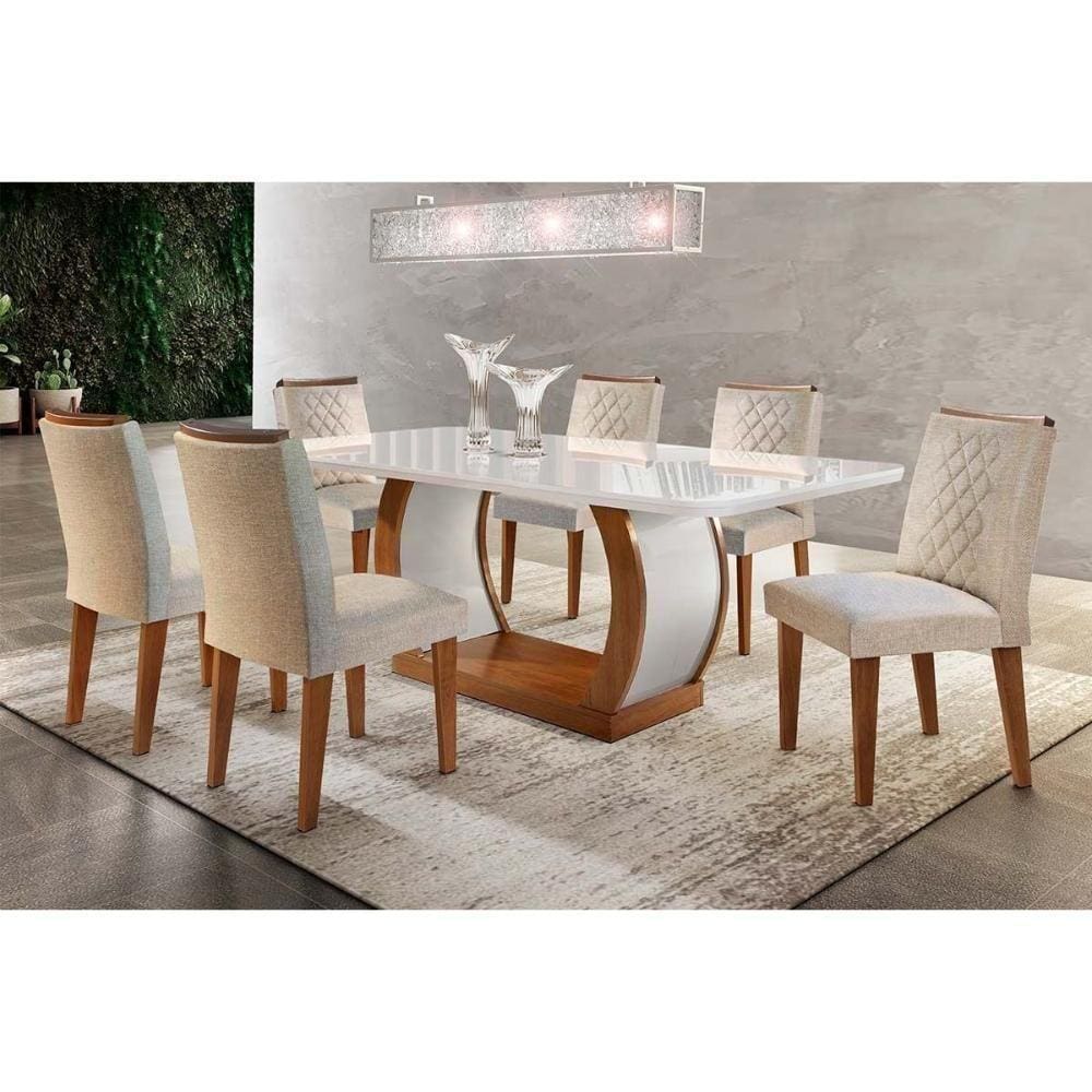 Kit Mesa Tampo Vidro 180cm Canto Reto + 6 Cadeiras Imbuia Creme