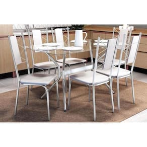 Kit Mesa Loire C- Tampo de Vidro 150cm + 6 Cadeiras Lisboa Cromada Branco