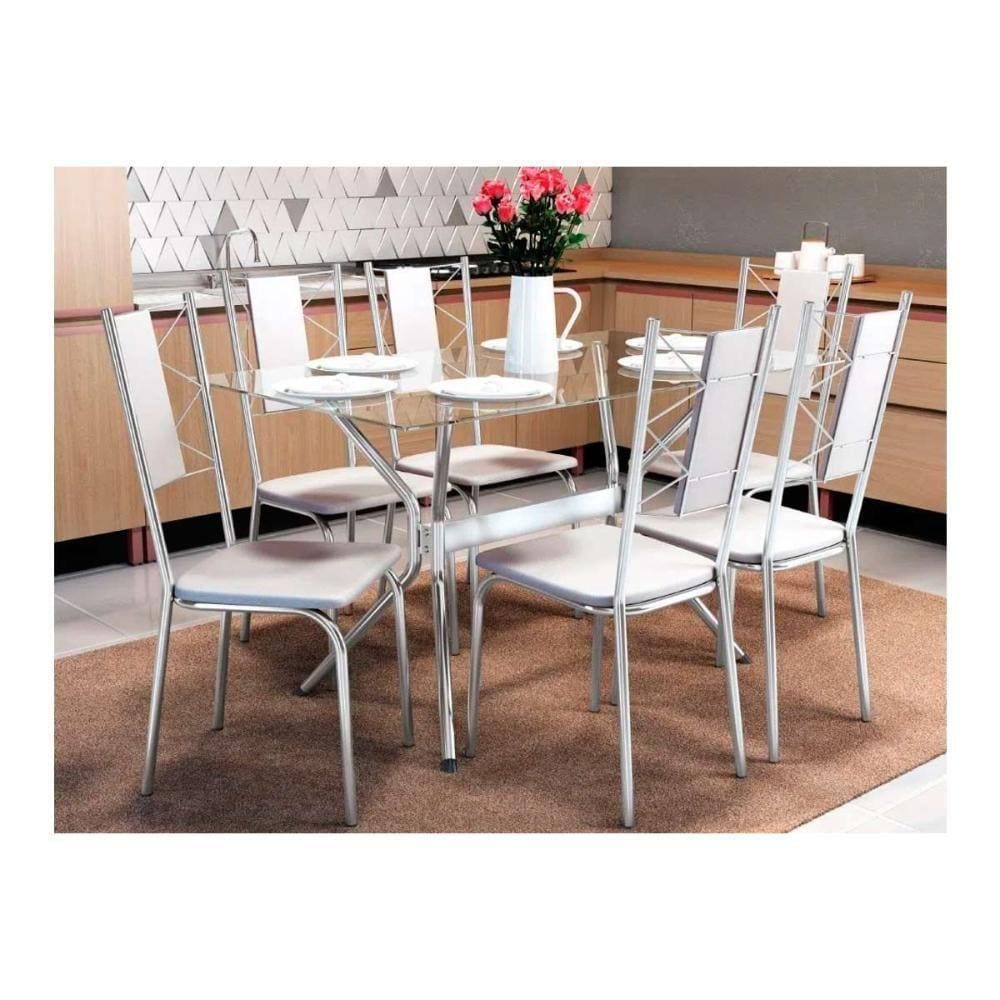 Kit Mesa Loire C- Tampo de Vidro 150cm + 6 Cadeiras Lisboa Cromada Branco