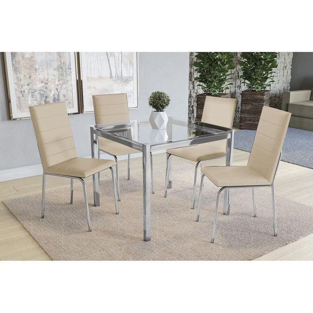Kit Mesa Reno C- Tampo de Vidro 90cm + 4 Cadeiras Amsterdã Cromada Nude