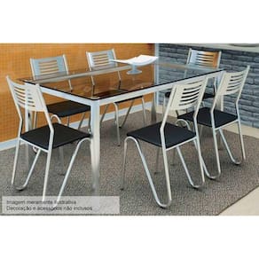 Kit Mesa Reno C- Tampo de Vidro 150cm + 6 Cadeiras Nápoles Cromada Preto