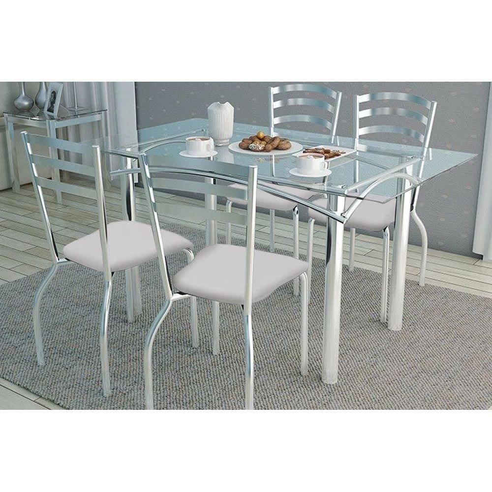 Kit Mesa Elba C- Tampo Vidro 120cm + 4 Cadeiras Portugal Cromado Courano Branco