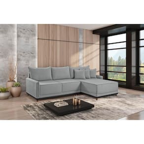 Sofá Linho 3 Lugares 264cm com Chaise Lado Direito Barra Cinza