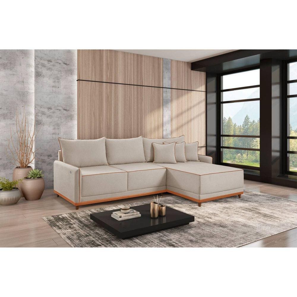 Sofá Linho 3 Lugares 264cm com Chaise Lado Direito e Kit Usb Barra Cru