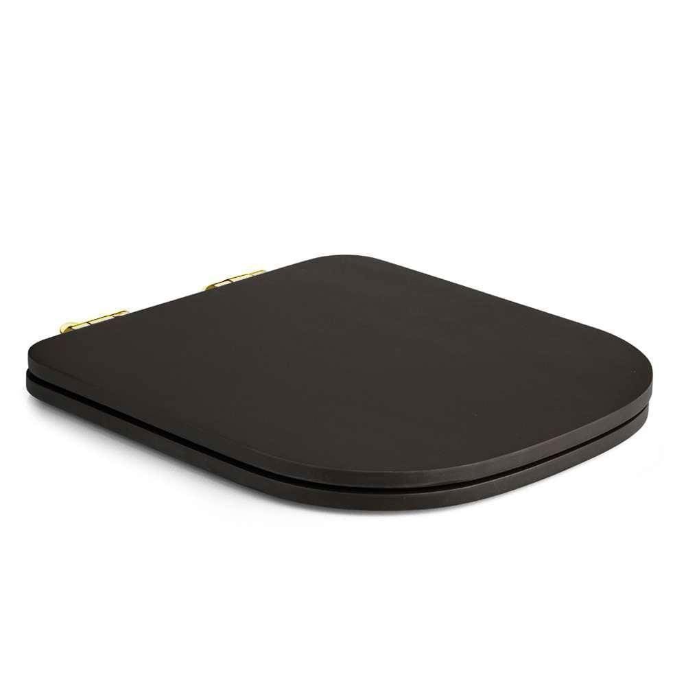 Assento Poliester Soft Close Piano Marrom Fosco Para Vaso Deca Com Ferragem Dourada