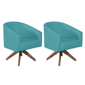 Kit 02 Poltronas Luiza Base Giratória De Madeira Suede Azul Turquesa