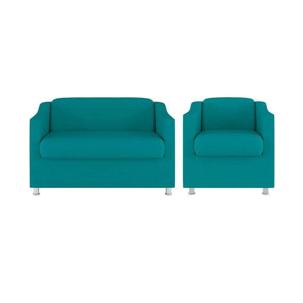 Kit Sofá Namoradeira + Poltrona Tilla Recepção Sala Tecido azul Turquesa