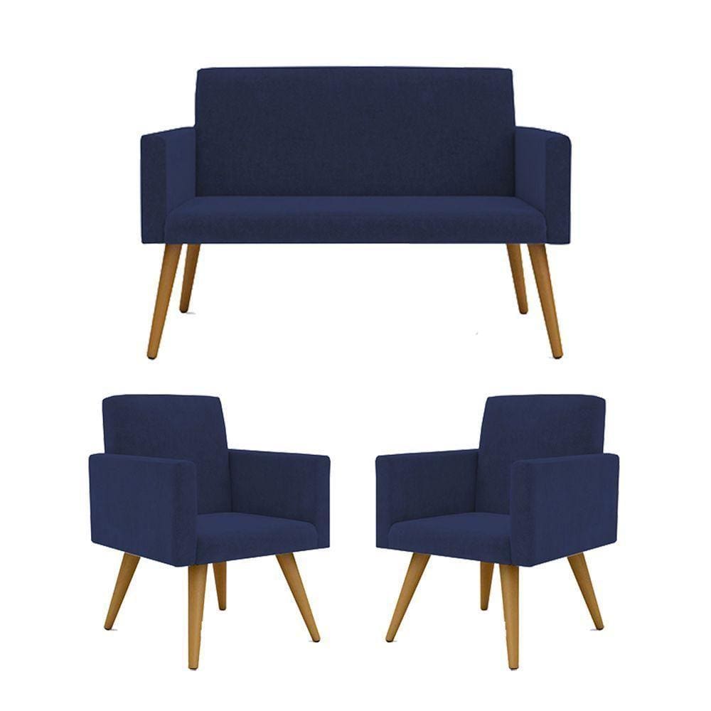 Kit Sofá Namoradeira + 2 Poltronas Sala Estar Balaqui Decor Cor:azul Marinho