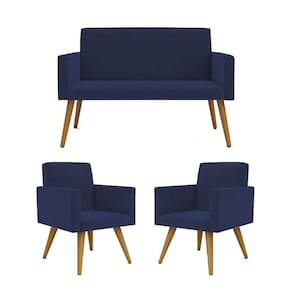 Kit Sofá Namoradeira + 2 Poltronas Sala Estar Balaqui Decor Cor:azul Marinho