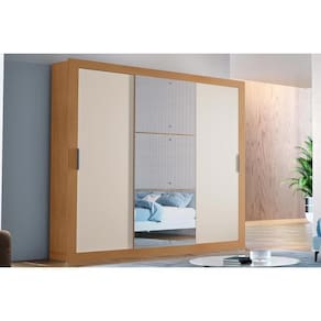 Guarda Roupa Casal 3 Portas De Correr E 4 Gavetas C/ Espelho Veneza Luxo Naturale/Off White - Rufato