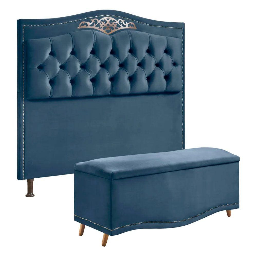 Conjunto Cabeceira e Calçadeira Holanda 140cm Veludo Luxor Azul Star Confort