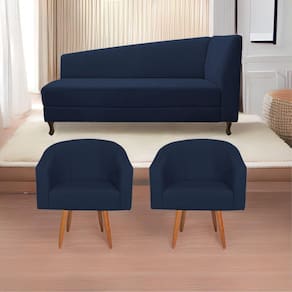 Kit Diva Recamier Heitor 185cm Lado Esquerdo e 02 Poltronas Luiza Suede Azul Marinho