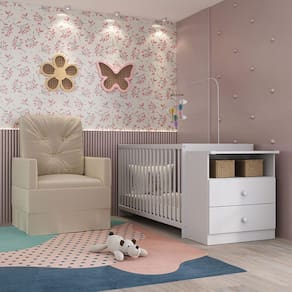 Berço Cômoda com Colchão Incluso e Poltrona de Amamentação Meu Bebê Multimóveis MP4090 Branco/Cinza