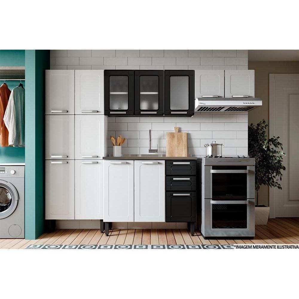 Cozinha Completa Múltipla 4pçs (2 Armários + 1 Balcão + 1 Paneleiro) C4P76 Branco/Preto - Bertolini