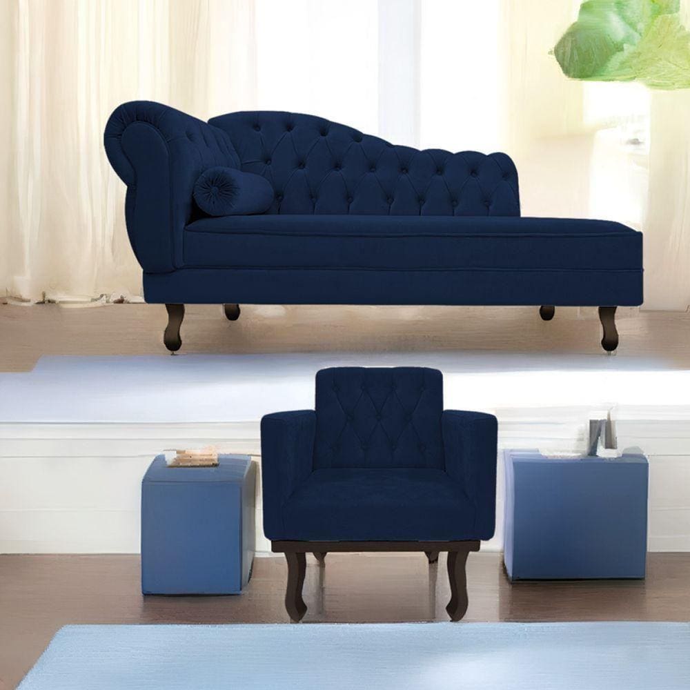 Kit Diva Recamier Diana 160cm Lado Direito e 01 Poltrona Classic Suede Azul Marinho