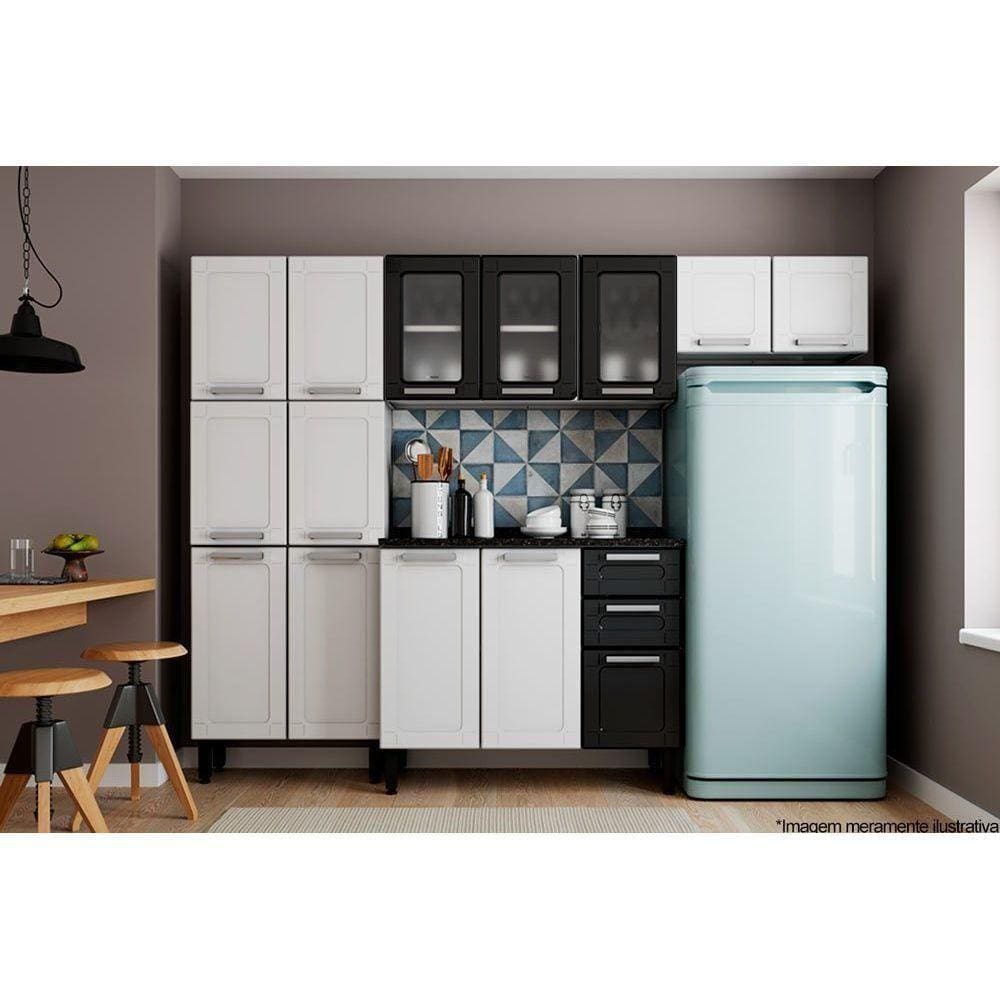 Cozinha Modulada Bertolini Múltipla 4pçs (2 Armários + 1 Balcão + 1 Paneleiro) C4P77 Branco/Preto
