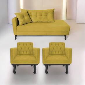 Kit Diva Recamier Azura 185cm Lado Direito e 02 Poltronas Classic Suede Amarelo