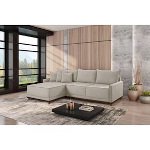 Sofá Linho 3 Lugares 264cm com Chaise Lado Esquerdo Barra Creme
