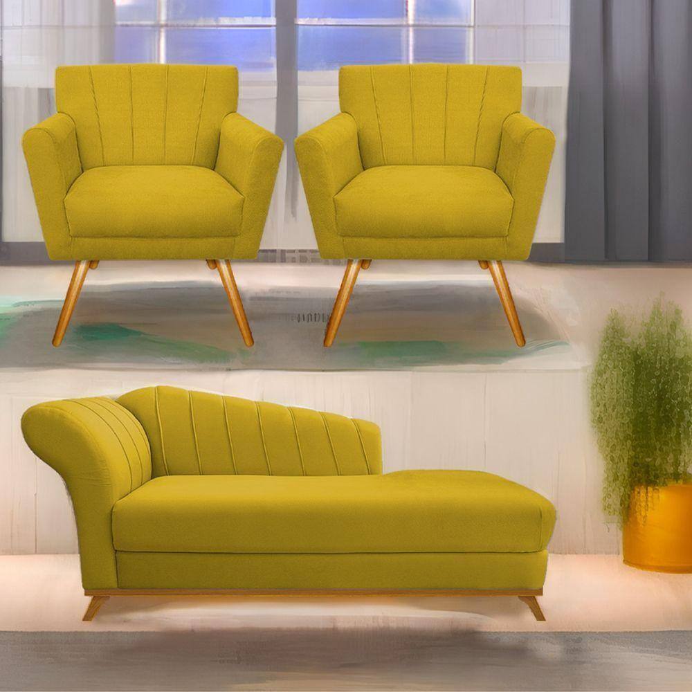 Kit Diva Recamier Vanessa 140Cm Lado Direito E 02 Poltronas Laura Suede Cor Amarelo
