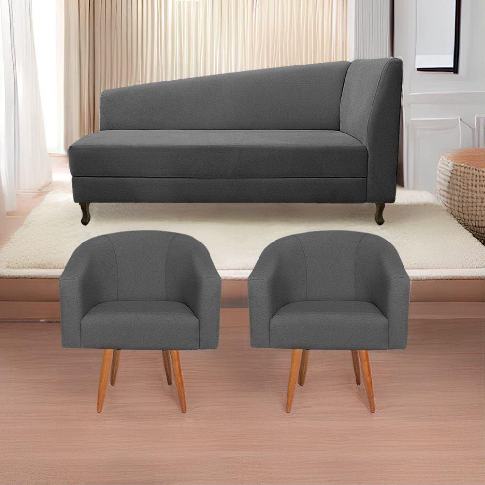 Kit Diva 160Cm Lado Esquerdo E 02 Poltronas Luiza Linho - Doce Sonho Móveis Cinza Escuro