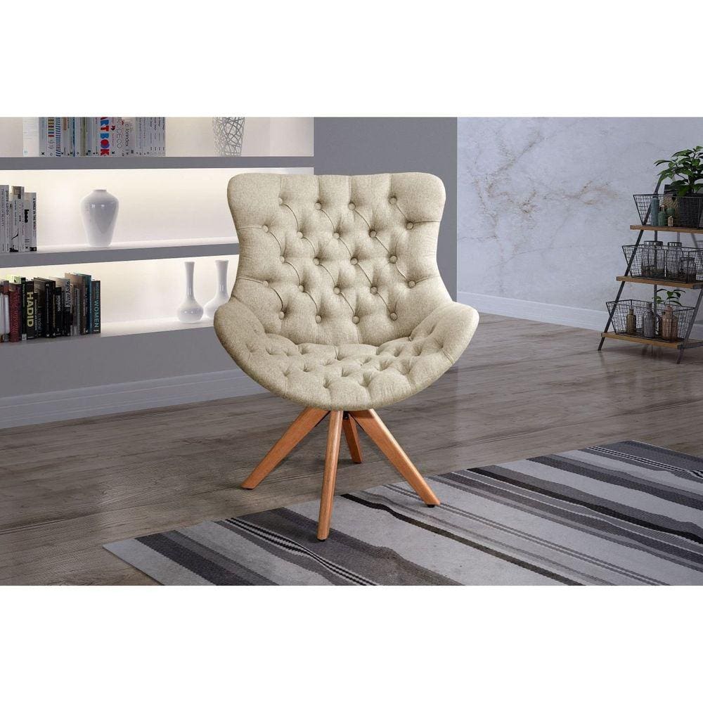 Poltrona Decorativa Botões encapados Giratória 73cm Júlia Bege