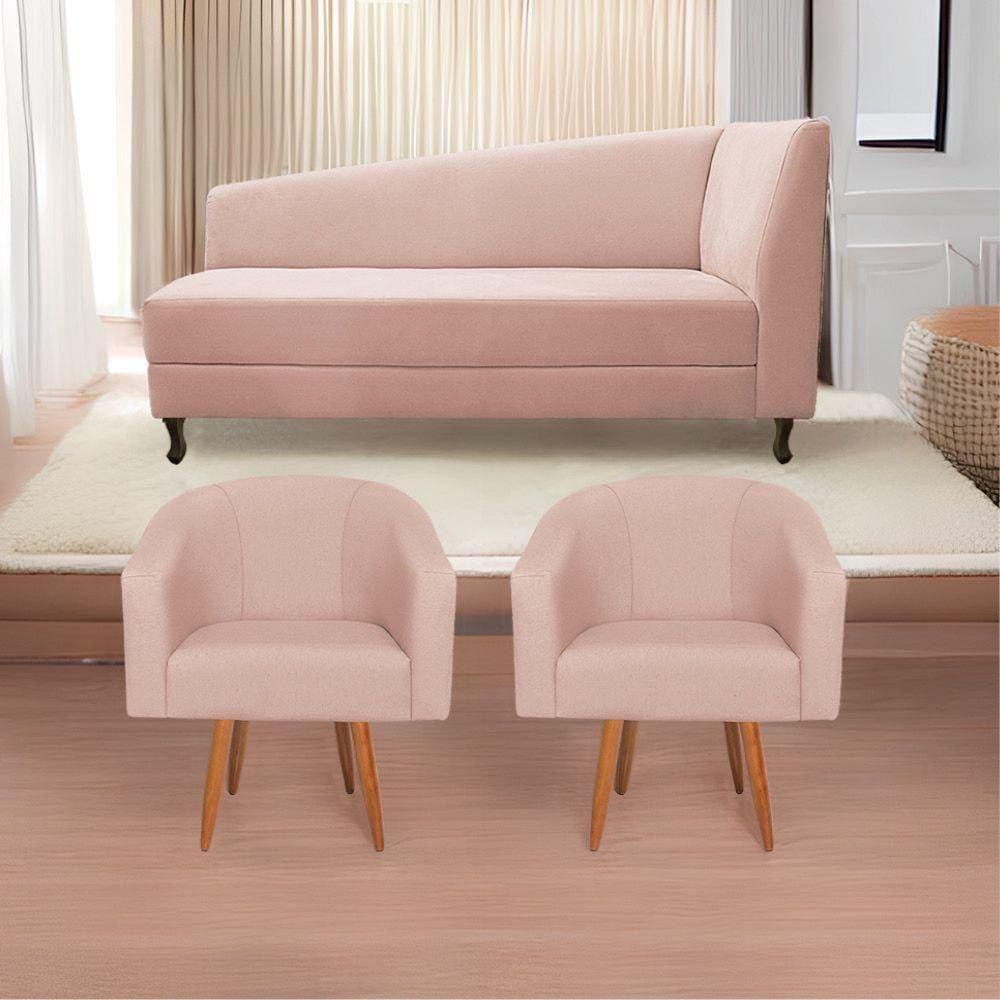Kit Diva Recamier Heitor 160Cm Lado Esquerdo E 02 Poltronas Luiza Suede - Doce Sonho Móveis Rosê