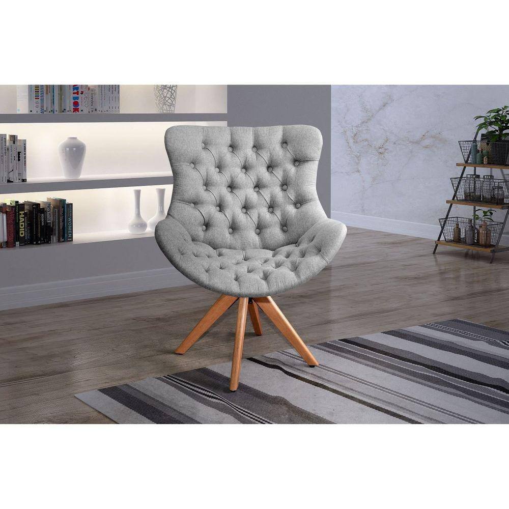 Poltrona Decorativa Botões encapados Giratória 73cm Júlia Cinza Claro