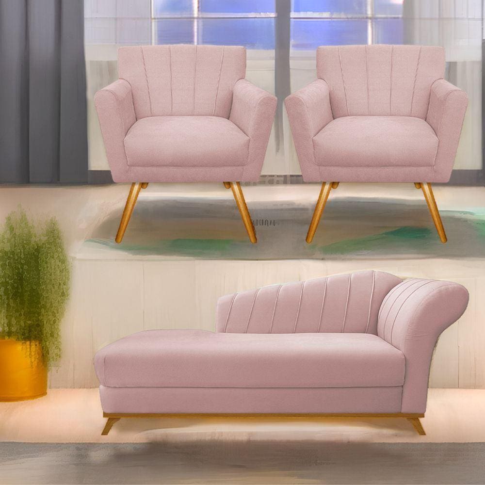 Kit Diva Recamier Vanessa 160Cm Lado Esquerdo E 02 Poltronas Laura Suede Cor Rosê