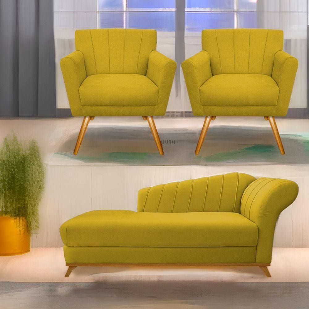 Kit Diva Recamier Vanessa 140Cm Lado Esquerdo E 02 Poltronas Laura Suede Cor Amarelo