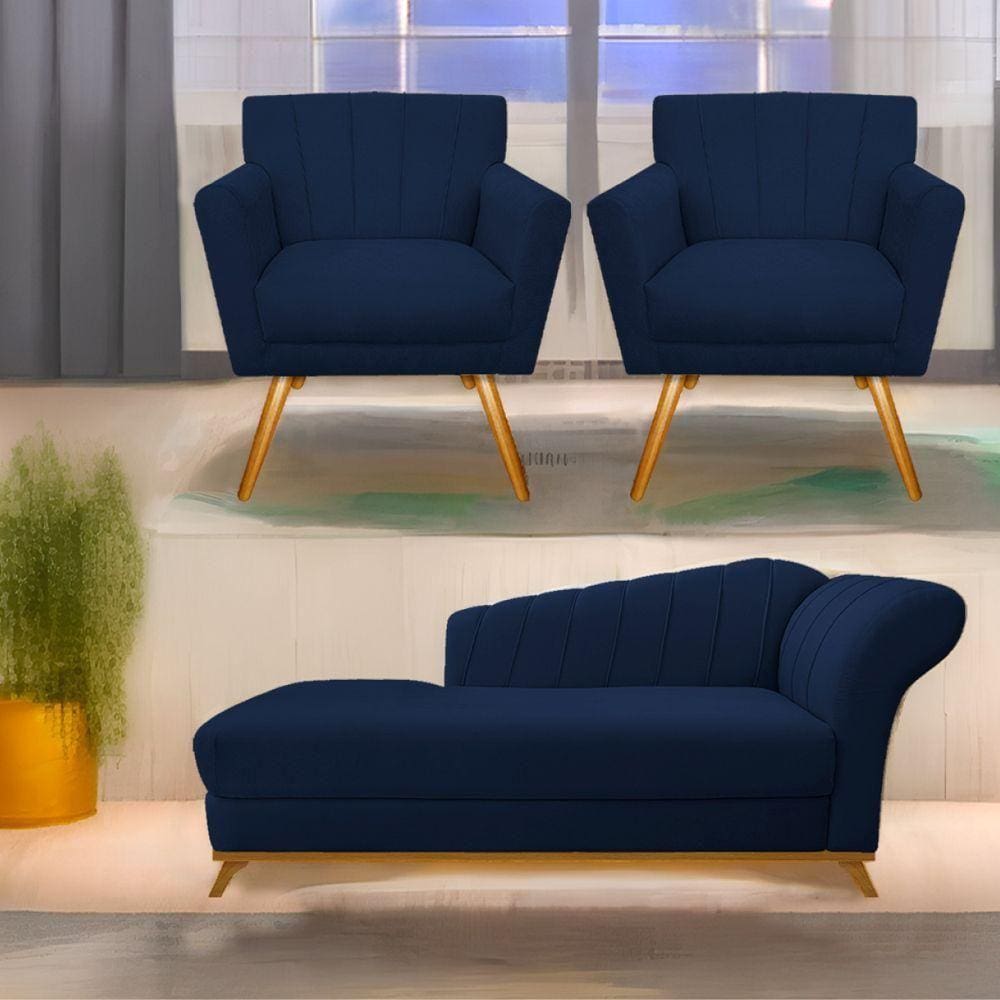 Kit Diva Recamier Vanessa 160Cm Lado Esquerdo E 02 Poltronas Laura Suede Cor Azulmarinho