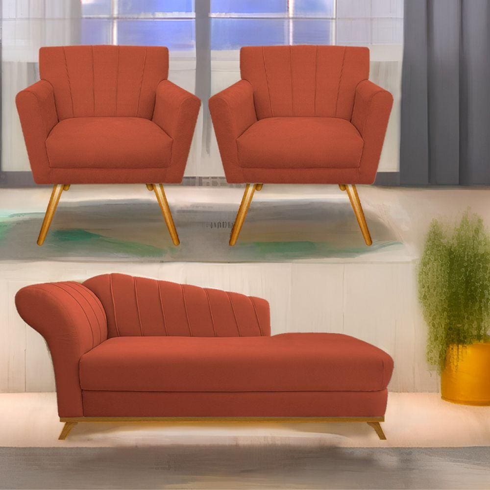Kit Diva Recamier Vanessa 140Cm Lado Direito E 02 Poltronas Laura Suede Cor Terracota