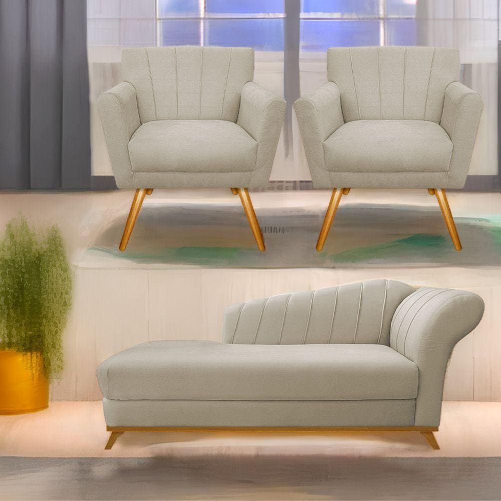 Kit Diva Recamier Vanessa 160Cm Lado Esquerdo E 02 Poltronas Laura Suede Cor Bege