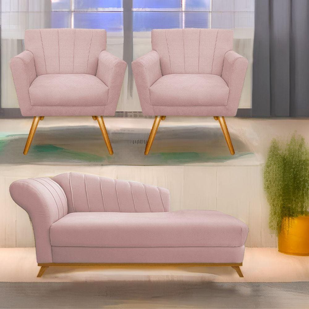Kit Diva Recamier Vanessa 140Cm Lado Direito E 02 Poltronas Laura Suede Cor Rosê