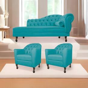Kit Diva Recamier Diana 130cm Lado Esquerdo e 02 Poltronas Julia Suede Azul Turquesa