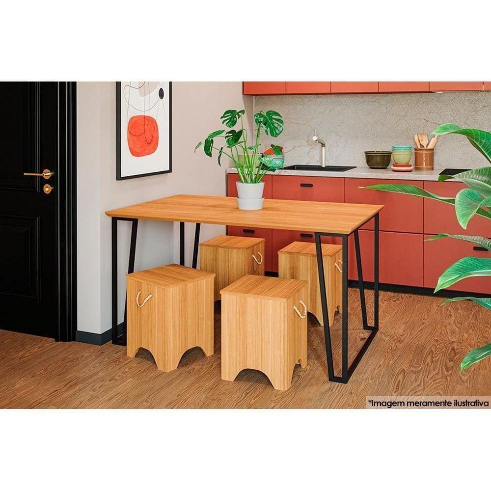 Conjunto: Mesa De Cozinha Lisa C- Tampo Madeirado 130cm + 4 Bancos Kim Preto-nature - Cimol