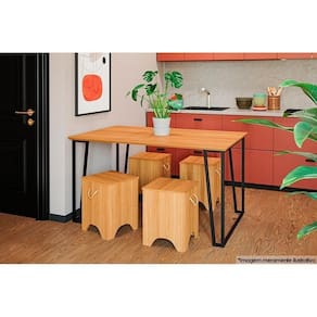 Conjunto: Mesa De Cozinha Lisa C- Tampo Madeirado 130cm + 4 Bancos Kim Preto-nature - Cimol