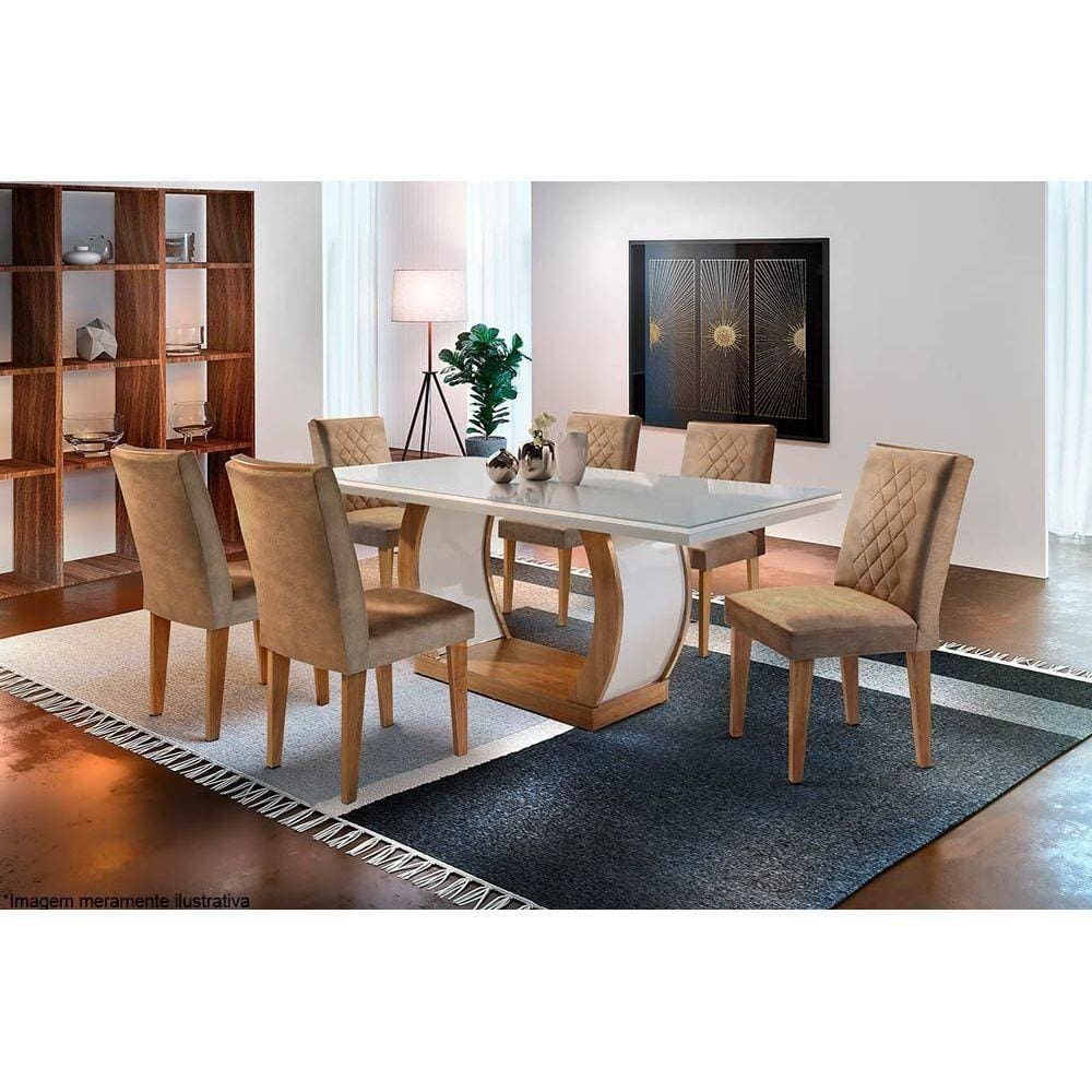 Mesa Sala Jantar C/ Tampo Madeirado C/ Vidro Canto Reto 180cm + 6 Cadeiras Jade Imbuia/ow/chocolate