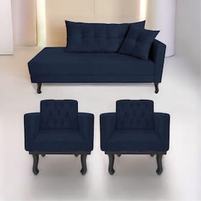 Kit Diva Recamier Azura 140cm Lado Esquerdo e 02 Poltronas Classic Suede Azulmarinho