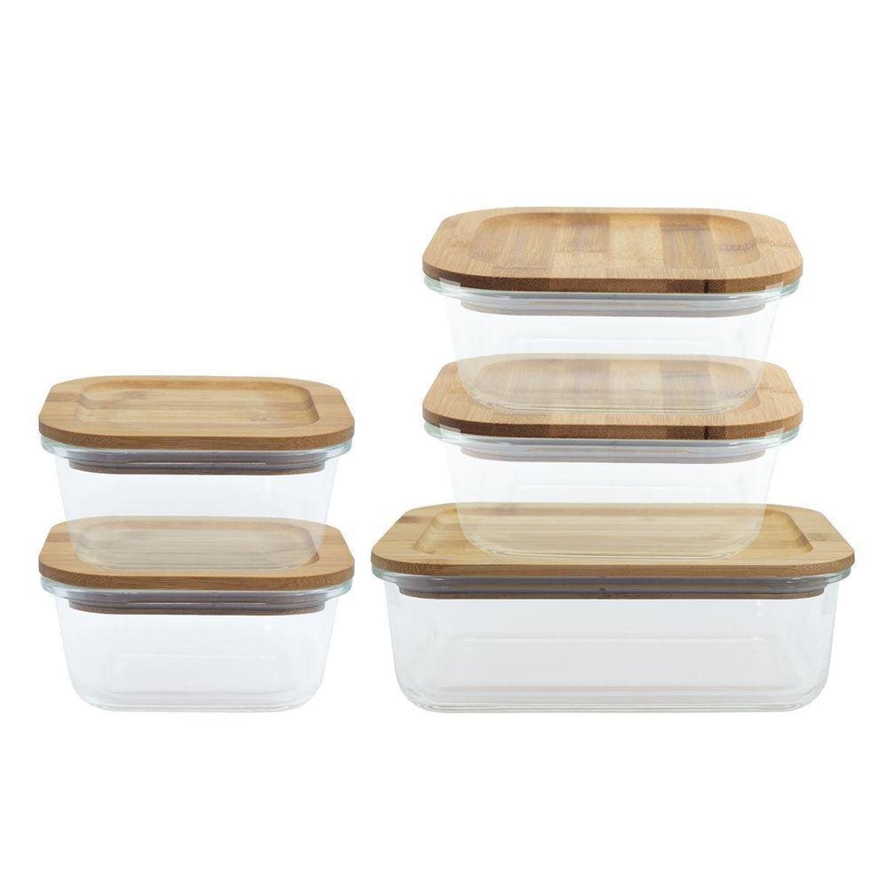 Kit 5 Potes Vidro Quadrado/Retangular c/ Tampa Bambu - Oikos