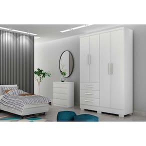 Guarda Roupa 4 Portas Encant 3 Gavetas C-espelho E Pés Branco - Novo Horizonte