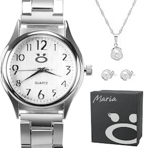Conjunto Relógio Maria Prateado + Colar e Brincos