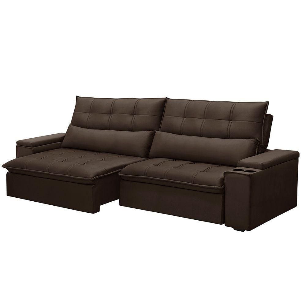 Sofá Retrátil E Reclinável 3 Lugares 210cm Robem Porta Copos No Braço Veludo Marrom G22 - Gran Belo