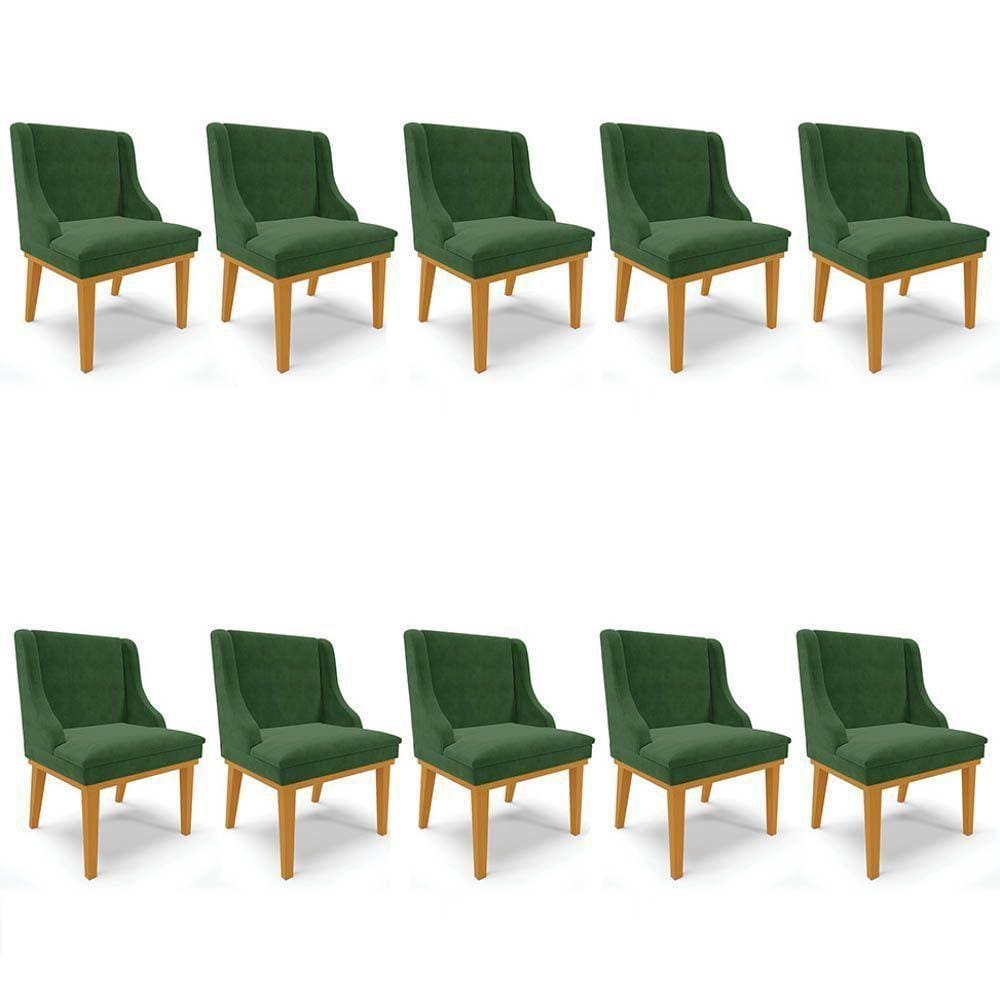 Kit 10 Cadeiras Estofadas Para Sala De Jantar Base Fixa De Madeira Castanho Lia Suede Verde - Ibiza