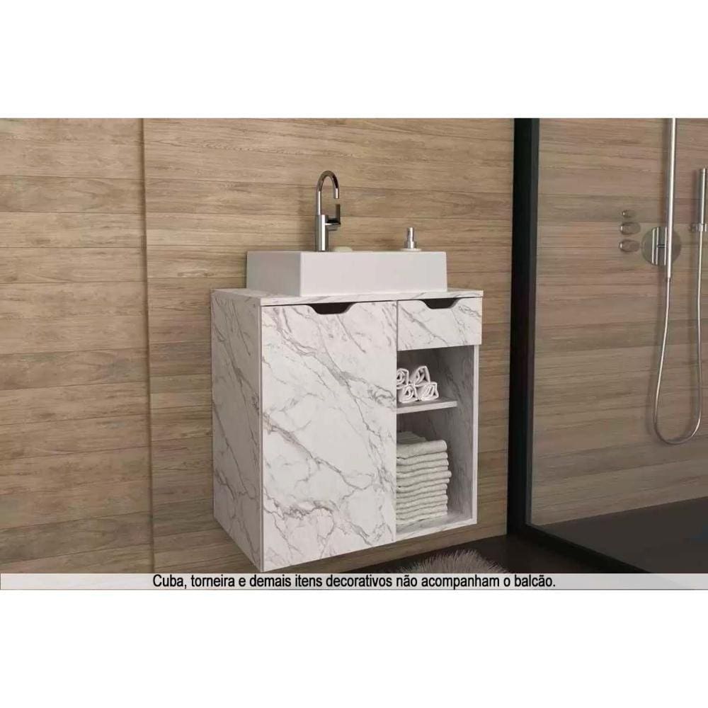 Balcão P- Banheiro Suspenso Bn3605 1 Porta 1 Gaveta Cor Mármore Branco - Tecno Mobili