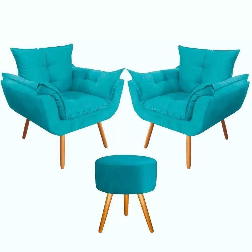 Kit 2 Poltronas Opalas + Puff Redondo Suede Azul Tiffany